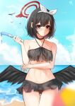  1girl absurdres beach bikini bird black_bikini black_choker black_hair black_wings blue_archive blurry blurry_background blush bow bow_hairband breasts choker closed_mouth cloud cowboy_shot eyebrows_visible_through_hair food frilled_bikini frills hair_between_eyes hairband halo hand_up highres holding looking_at_viewer low_wings mashiro_(blue_archive) midriff moving_gun navel outdoors popsicle purple_eyes short_hair sky small_breasts solo swimsuit water white_bow white_hairband wings 