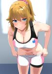  1girl absurdres bare_shoulders beta04655881 bike_shorts bike_shorts_pull blue_eyes breasts brown_hair cleavage closed_mouth collarbone commentary cowboy_shot groin gundam gundam_build_fighters gundam_build_fighters_try hair_between_eyes hair_ornament hair_scrunchie highres hoshino_fumina indoors large_breasts leaning_forward looking_at_viewer medium_hair midriff navel pink_scrunchie pink_shorts pink_sports_bra ponytail scrunchie shorts sidelocks solo sports_bra standing sweat textless_version two-tone_sports_bra white_shorts white_sports_bra 