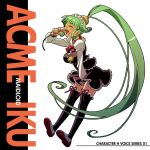  1girl absurdly_long_hair acme_iku bataki blunt_bangs bow bowtie breasts character_name closed_eyes collar commentary_request copyright_name dildo dress frilled_dress frilled_thighhighs frills full_body green_hair hair_ornament holding holding_sex_toy large_breasts long_hair long_sleeves maid_headdress maidloid name_tag onion open_mouth sex_toy shoes solo thighhighs uwabaki very_long_hair 