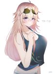  1girl :3 absurdres ahoge animal_ears arknights artist_name blonde_hair blue_eyes blue_tank_top blush breasts character_name cleavage collarbone dog_ears extra_ears eyebrows_visible_through_hair eyewear_on_head floppy_ears genderswap genderswap_(mtf) highres l_eri large_breasts long_hair midriff navel shirt_overhang shorts simple_background solo sunglasses tank_top tequila_(arknights) upper_body white_background white_shorts 