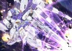  aqua_eyes battle beam_rifle char&#039;s_counterattack char&#039;s_counterattack_-_beltorchika&#039;s_children character_name commentary debris electricity energy_gun english_text explosion fin_funnels firing gun gundam hi-nu_gundam highres holding holding_gun holding_weapon mecha megumi_kei mobile_suit no_humans robot science_fiction shield signature solo space v-fin weapon 