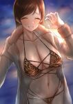  1girl absurdres bangs bikini blush breasts brown_hair cleavage closed_eyes coat collarbone fur_trim hand_up highres idolmaster idolmaster_cinderella_girls large_breasts long_hair long_sleeves navel nitta_minami outdoors parted_lips shaddoll_fusion sideboob smile solo swimsuit teeth 