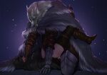  ambiguous_gender anal anal_penetration anthro armor blaidd_(elden_ring) bodily_fluids canid canine canis cape clothed clothed_sex clothing drooling duo elden_ring fangs fur grey_body grey_fur hi_res hood human human_on_anthro interspecies larger_anthro larger_male male male/ambiguous mammal night penetration saliva sex size_difference sky smaller_penetrated triple_moonbow wolf 