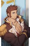 00047 1boy bara brown_hair brown_jacket cross_scar crossed_arms epaulettes facial_hair fate/grand_order fate_(series) goatee high_collar highres jacket large_pectorals long_sideburns male_focus muscular muscular_male napoleon_bonaparte_(fate) partially_unbuttoned pectoral_cleavage pectorals scar scar_on_chest shirt short_hair sideburns solo upper_body white_shirt 