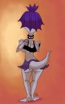 2014 artist_name barefoot bottomwear breasts butt choker claire_wheeler clothed clothing clothing_lift dated disney feet female grey_body grey_skin hair hi_res humanoid jewelry kuto markings medium_breasts membrane_(anatomy) miniskirt monster monsters_inc monsters_university necklace no_bra orange_background partially_clothed pixar purple_hair raised_clothing raised_shirt raised_tank_top raised_topwear rear_view seductive shirt shoulder_spots side_boob signature simple_background skirt skirt_lift solo standing tail tailed_humanoid tank_top tank_top_lift toes topwear webbed_feet