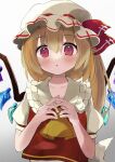 1girl ascot blonde_hair blush bow crystal eyebrows_visible_through_hair flandre_scarlet frilled_shirt_collar frills gradient gradient_background hair_between_eyes hands_up hat hat_bow highres looking_at_viewer mob_cap one_side_up parted_lips purple_eyes red_bow red_vest short_hair_with_long_locks simple_background solo steepled_fingers touhou upper_body vest wakamizu white_background white_headwear wings yellow_ascot 