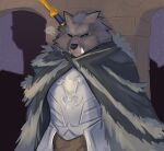  anthro armor black_nose blaidd_(elden_ring) blue_eyes canid canine canis cape clothing elden_ring facial_scar fangs hi_res looking_down male mammal melee_weapon night outside scar seibrxan solo standing sword weapon wolf 