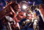  asteroid battle beam_saber bug core_fighter fighting_stance fly flying gun gundam highres holding holding_gun holding_weapon kicking machine_gun mecha mobile_suit mobile_suit_gundam morishita_naochika no_humans official_art robot rx-78-2 shield space star_(sky) sun v-fin weapon zaku_ii_s_char_custom 