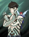  1boy 1girl black_hair ememtrp fairy fairy_wings floating full-body_tattoo green_background highres hitoshura pixie_(megami_tensei) red_eyes red_hair shin_megami_tensei shin_megami_tensei_iii:_nocturne shin_megami_tensei_v short_hair tattoo thighhighs topless_male wings yellow_eyes 