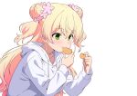  1girl absurdres alternate_costume blonde_hair blush chips_(food) eating flower food green_eyes hair_bun hair_flower hair_ornament highres holding holding_food hololive hood hoodie kishishi_(kishiman-ya) long_hair looking_at_viewer momosuzu_nene potato_chips solo virtual_youtuber white_background white_hoodie 