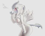  &lt;3 anthro areola blue_body blue_skin blush breasts claws female fur hi_res horn looking_at_viewer mega_absol mega_evolution nintendo open_mouth pawpads paws pok&eacute;mon pok&eacute;mon_(species) red_eyes rusoide simple_background small_breasts solo tail_motion tailwag video_games white_background white_body white_fur wings 