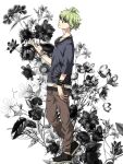  1boy amami_rantarou antenna_hair bangs black_background bracelet brown_pants collarbone danganronpa_(series) danganronpa_v3:_killing_harmony dosugon eyebrows_visible_through_hair flower from_side full_body green_hair grey_background jewelry necklace pants ring shirt shoes short_hair smile solo standing striped striped_shirt 