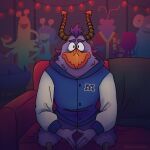 anthro artist_name avian background_character beak beefycupcakes bottomless brock_pearson clothed clothing disney furniture group hair horn jacket lights looking_at_viewer looking_offscreen male monster monsters_inc monsters_university no_underwear on_sofa party partying pixar purple_body purple_hair shaded sitting sitting_on_sofa sofa solo sweater tentacle_creature tentacles topwear topwear_only worried_look