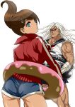  2girls asahina_aoi ass bangs black_sailor_collar blue_eyes blue_shorts brown_hair contrapposto cowboy_shot danganronpa:_trigger_happy_havoc danganronpa_(series) dark-skinned_female dark_skin dosugon doughnut food hair_ornament hairclip innertube jacket long_hair long_sleeves looking_back multiple_girls muscular muscular_female neckerchief oogami_sakura ponytail red_jacket red_neckerchief sailor_collar scar scar_on_face shiny shiny_skin shirt shorts simple_background skirt white_background white_hair white_shirt 