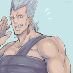  1boy blue_eyes earrings flattop grey_hair grin jean_pierre_polnareff jewelry jojo_no_kimyou_na_bouken large_pectorals male_focus pectorals smile solo stardust_crusaders tanakaoften waving 