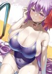  1girl bangs bare_shoulders bb_(fate) bb_(fate/extra) blue_swimsuit blush breasts choker cleavage collarbone covered_navel elbow_gloves fate/extra fate/extra_ccc fate_(series) gloves grin hair_ribbon heart-shaped_lock highleg highleg_swimsuit highres huge_breasts long_hair looking_at_viewer one-piece_swimsuit poolside purple_eyes purple_hair red_ribbon ribbon sideboob skindentation smile solo swimsuit thighhighs thighs uo_denim very_long_hair wet white_gloves white_legwear 