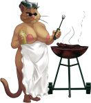  anthro apron apron_only aunt_polly barefoot big_breasts breasts clothed clothing dbaru domestic_cat eyewear feet felid feline felis female food glasses grill hi_res holding_object looking_at_viewer mammal mature_anthro mature_female meme mostly_nude solo tagme tom_sawyer_(2000_film) topless topless_anthro topless_female 