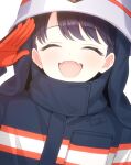  1girl ^_^ blush closed_eyes commentary_request facing_viewer fangs firefighter firefighter_jacket fukumaru_koito hard_hat helmet idolmaster idolmaster_shiny_colors jacket purple_hair salute shirasato_(phzm8733) simple_background skin_fangs smile solo upper_body white_background 