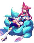  1girl :d absurdres ahri_(league_of_legends) animal_ears bangs bare_shoulders blue_legwear bow breasts caca_(1zz1) cleavage fang fox_ears fox_tail full_body green_bow grey_background hand_up head_rest highres japanese_clothes kimono large_breasts league_of_legends long_hair multiple_tails pink_hair simple_background smile solo spirit_blossom_ahri tail thighhighs white_kimono white_legwear 