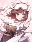  1girl adjusting_goggles apron arknights beudelb breasts brown_apron brown_eyes brown_hair compact_(cosmetics) dutch_angle fingerless_gloves gloves goggles goggles_on_head hands_on_eyewear highres looking_at_viewer pink_background roberta_(arknights) shirt short_hair small_breasts solo t-shirt white_gloves white_shirt 