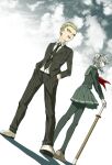  1boy 1girl bangs black_legwear black_necktie black_skirt blonde_hair braid collared_shirt danganronpa_(series) danganronpa_2:_goodbye_despair dosugon freckles from_below hair_ribbon jacket katana kuzuryuu_fuyuhiko long_hair long_sleeves neckerchief necktie open_mouth outdoors pants pantyhose pekoyama_peko pleated_skirt red_neckerchief ribbon shirt short_hair skirt standing striped striped_jacket striped_pants sword teeth twin_braids twintails upper_teeth weapon white_ribbon white_shirt yakuza 