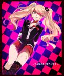  1girl aoki_shizumi bangs bear_hair_ornament black_background black_border black_footwear black_necktie black_shirt boots border bow breasts copyright_name danganronpa:_trigger_happy_havoc danganronpa_(series) enoshima_junko grey_necktie hair_ornament knee_boots long_hair looking_at_viewer medium_breasts miniskirt necktie parted_lips pink_background pleated_skirt red_bow red_skirt shiny shiny_hair shirt skirt solo twintails 