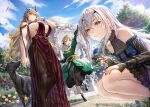  3girls arm_up bird black_dress black_legwear blonde_hair blue_nails breasts brown_eyes detached_sleeves dog dress fairy_knight_gawain_(fate) fairy_knight_lancelot_(fate) fate/grand_order fate_(series) flower gareth_(fate) green_dress green_eyes hair_ornament hand_in_hair hand_on_own_knee heterochromia holding holding_flower large_breasts long_hair looking_at_viewer mugetsu2501 multiple_girls official_art outdoors pantyhose red_dress red_eyes red_nails short_hair sky sleeveless sleeveless_dress small_breasts smile squatting standing standing_on_one_leg white_hair 