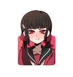  1girl bangs black_sailor_collar blush collarbone crowssant danganronpa_(series) danganronpa_v3:_killing_harmony grey_background hair_ornament hair_scrunchie hairclip harukawa_maki highres low_twintails mole mole_under_eye portrait pout red_eyes red_scrunchie red_shirt sailor_collar scrunchie second-party_source shirt solo twintails 