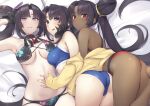  3girls ass bangs bare_shoulders bikini black_bikini black_hair blue_bikini blue_eyes breasts cleavage collarbone dark-skinned_female dark_skin facial_mark fate/grand_order fate_(series) forehead_mark grin hair_bun jacket long_hair long_sleeves looking_at_viewer medium_breasts multicolored_eyes multiple_girls multiple_persona navel orange_eyes parted_bangs pinta_(ayashii_bochi) purple_eyes purple_lips red_bikini red_eyes side_bun side_ponytail sidelocks smile swimsuit taira_no_kagekiyo_(fate) thighs ushiwakamaru_(fate) ushiwakamaru_(swimsuit_assassin)_(fate) very_long_hair yellow_jacket 