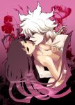  1boy 1girl arched_back ass bandaged_arm bandages bangs black_background breast_press breasts brown_hair collarbone completely_nude danganronpa_(series) danganronpa_2:_goodbye_despair dosugon flower gradient gradient_background grey_hair hetero imminent_kiss komaeda_nagito large_breasts long_hair multicolored_hair nude open_mouth pale_skin pink_background pink_hair smile teeth tsumiki_mikan two-tone_hair upper_teeth 