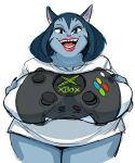  anthro big_breasts bottomless breast_grab breasts clothed clothing controller dbaru domestic_cat felid feline felis female game_controller hand_on_breast hi_res katherine_&#039;kitty&#039;_malak looking_at_viewer mammal microsoft presenting presenting_breasts sharp_teeth shirt solo tagme teeth thick_thighs topwear tripping_the_rift video_games wide_hips xbox xbox_game_studios 