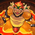  anthro bowser bracelet bulge claws clothing collar fangs hair hi_res horn jewelry jockstrap koopa lava looking_at_viewer male mario_bros nintendo orange_hair partially_submerged reptile scalie seibrxan shell slightly_chubby smile solo spiked_bracelet spiked_collar spiked_shell spikes spikes_(anatomy) underwear video_games 