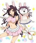  1girl :o apron bangs bare_shoulders black_hair blue_skirt breasts brown_eyes cosplay covered_nipples cowboy_shot danganronpa_(series) danganronpa_2:_goodbye_despair dosugon holding holding_staff large_breasts layered_skirt long_hair mole mole_under_eye navel open_mouth pink_shirt pink_skirt pleated_skirt puffy_short_sleeves puffy_sleeves shirt short_sleeves simple_background skirt staff tsumiki_mikan tsumiki_mikan_(cosplay) usami_(danganronpa) usami_(danganronpa)_(cosplay) white_apron white_skirt wings 