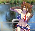  american_flag_bikini androidz anthro bikini blue_eyes boat breasts celest clothed clothing colored_nails detailed_background domestic_cat felid feline felis female fur hair hi_res lake looking_at_viewer mammal nails pigtails smile solo stars_and_stripes swimwear thick_thighs united_states_of_america vehicle water watercraft wide_hips 