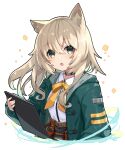  1girl :o animal_ear_fluff animal_ears arknights bangs belt belt_buckle blonde_hair blush bow bowtie buckle clipboard collared_shirt commentary_request cropped_torso dog_ears eyebrows_visible_through_hair green_eyes green_jacket hair_between_eyes holding holding_clipboard jacket long_hair long_sleeves looking_at_viewer open_clothes open_jacket open_mouth orange_bow orange_bowtie podenco_(arknights) satsuma_imohen shirt solo transparent_background twitter_username upper_body white_shirt 