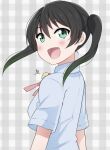  1girl bangs black_hair eyebrows_visible_through_hair gradient_hair green_eyes green_hair hair_between_eyes highres looking_at_viewer looking_back love_live! love_live!_nijigasaki_high_school_idol_club medium_hair multicolored_hair neck_ribbon nijigasaki_academy_uniform open_mouth red_neckwear ribbon school_uniform short_sleeves signature smile solo summer_uniform takasaki_yuu twintails two-tone_hair zero-theme 