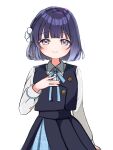  1girl blue_overskirt blue_ribbon blue_skirt blue_vest blush commentary_request gakuen_idolmaster hand_on_own_chest hataya_misuzu hatsuboshi_gakuen_school_uniform highres idolmaster long_sleeves looking_at_viewer mobutakun mole mole_under_mouth neck_ribbon pleated_skirt purple_eyes purple_hair ribbon school_uniform shirt short_hair simple_background skirt skirt_set smile solo vest white_background white_shirt 