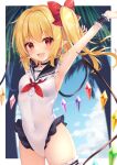  1girl :d arm_up armpits bangs black_sailor_collar blonde_hair blue_sky bow cloud commentary_request crystal day eyebrows_visible_through_hair fang flandre_scarlet hair_bow highleg highleg_swimsuit highres looking_at_viewer miy@ one-piece_swimsuit palm_tree pointy_ears red_bow red_eyes sailor_collar short_hair side_ponytail sky smile solo swimsuit touhou tree white_swimsuit wings wrist_cuffs 