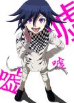  1boy bangs black_footwear black_hair buttons checkered_clothes checkered_scarf danganronpa_(series) danganronpa_v3:_killing_harmony dosugon double-breasted eyebrows_visible_through_hair hair_between_eyes hand_on_hip hand_up jacket long_sleeves looking_at_viewer male_focus ouma_kokichi pants purple_eyes purple_hair scarf short_hair smile teeth tongue tongue_out translation_request white_jacket white_pants 
