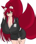  absurdres animal_ear_fluff animal_ears breasts deculture fox_ears fox_girl fox_tail glasses green_eyes highres huge_breasts leaning_forward non-web_source office_lady red_hair tail 