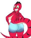  anthro battybuttguy_(artist) big_breasts big_butt bottomwear breasts butt butt_focus clothing dinosaur female green_eyes hi_res looking_at_viewer looking_back panties pants reptile ruby_rex scalie sharp_teeth shorts side_boob smile solo striped_body stripes teeth theropod thick_thighs thong thong_straps tyrannosaurid tyrannosaurus tyrannosaurus_rex underwear unfinished wide_hips yoga_shorts 