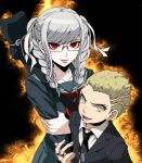  1boy 1girl bangs black_background black_jacket black_necktie black_sailor_collar black_shirt black_skirt blonde_hair braid brown_background collarbone collared_shirt commentary_request danganronpa_(series) danganronpa_2:_goodbye_despair dosugon glasses grey_hair hair_ribbon jacket jewelry kuzuryuu_fuyuhiko long_hair looking_at_viewer necktie pekoyama_peko pleated_skirt red_eyes ribbon rimless_eyewear ring sailor_collar shirt short_hair skirt smile striped striped_jacket twin_braids twintails white_ribbon white_shirt 