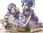  1boy 1girl alfador blue_hair brother_and_sister cat chrono_trigger closed_eyes earrings green_eyes hair_brush hand_on_own_face highres holding holding_towel janus_zeal jewelry looking_at_another purple_robe schala_zeal siblings sitting smile soap towel uzutanco washing washpan 