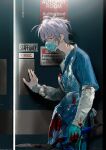  1boy absurdres apron bangs blood blood_on_clothes clippers door gloves grey_eyes highres holding kaninn long_sleeves looking_at_viewer male_focus mask medical_scrubs mouth_mask original profile sign single_glove solo surgical_mask twitter_username white_hair 