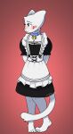  alphonse_(pumper) ambiguous_gender anthro apron barefoot bashful bell bell_collar blue_collar blue_eyes blush bottomwear clothing collar domestic_cat feet felid feline felis frilly frilly_clothing fur hands_behind_back hi_res maid_uniform mammal pumper shy skirt solo solo_focus uniform white_body white_fur 