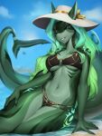 absurd_res anthro aurora_(kamikazekit) beach bikini black_bikini black_clothing black_sclera black_swimwear blue_hair breasts clothing ear_piercing female fin fish gills green_body green_eyes green_hair hair hand_on_ground hand_on_leg hand_on_thigh hat headgear headwear hi_res looking_at_viewer marine markings midriff navel non-mammal_breasts piercing shark shermugi sitting sitting_in_water smile smirk solo summer summer_hat swimwear thighs_up two-piece_swimsuit under_boob