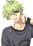  1boy :d amami_rantarou antenna_hair bangs bracelet collarbone danganronpa_(series) danganronpa_v3:_killing_harmony dosugon earrings eyebrows_visible_through_hair green_eyes green_hair grey_background jewelry looking_at_viewer male_focus necklace one_eye_closed shirt short_hair smile striped striped_shirt teeth upper_body upper_teeth 