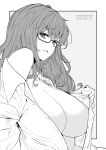  1girl bare_shoulders breasts commentary_request glasses grey_background greyscale highres kichihachi large_breasts looking_at_viewer mole mole_under_mouth monochrome open_clothes open_shirt original parted_lips simple_background solo twitter_username two-tone_background white_background 