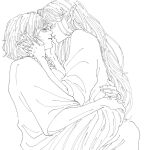  2girls blush closed_eyes commentary conniepkmn dungeon_meshi elf falin_touden falin_touden_(tallman) greyscale hand_in_another's_hair hand_on_another's_face hands_on_another's_waist imminent_kiss long_hair marcille_donato monochrome multiple_girls parted_lips pointy_ears shirt sitting sitting_on_lap sitting_on_person skirt yuri 