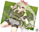  1girl absurdres bad_id bad_pixiv_id bangs black_shorts border bow braid braided_ponytail breasts cleavage crocodilian_tail fingerless_gloves glasses gloves green_eyes green_hair green_jacket grin hair_bow highres holding jacket kemono_friends long_hair looking_at_viewer open_mouth rinka_na31415 short_sleeves shorts signature smile solo spectacled_caiman_(kemono_friends) spiked_gloves teeth tree white_border 